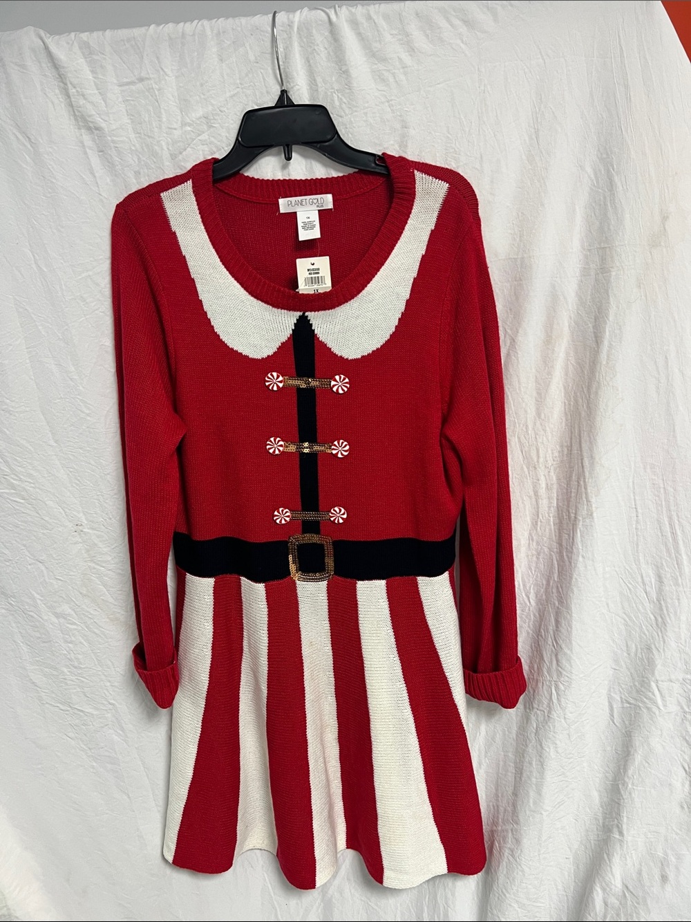 Planet Gold Red and White Festive Sweater Dress with Black Belt